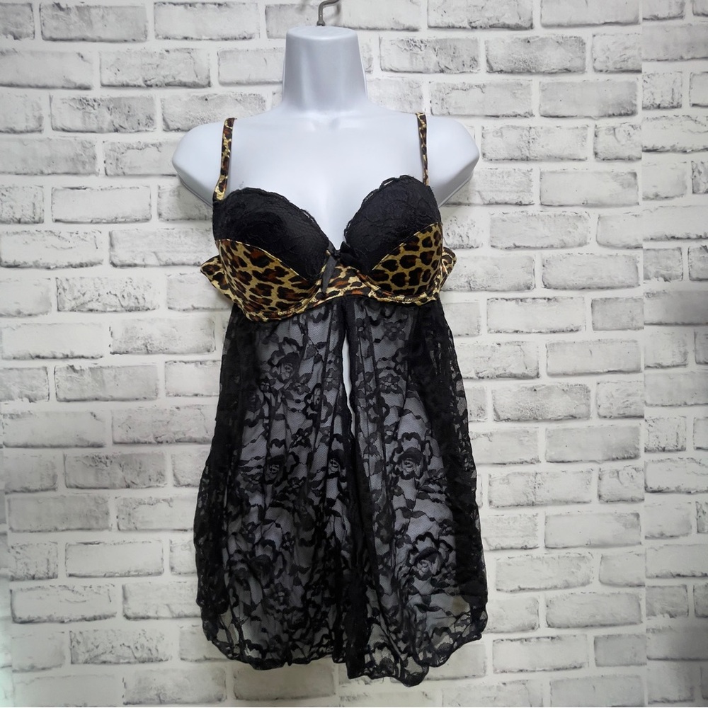 Passion Forever Black Lace Animal Print Babydoll Lingerie Top Large